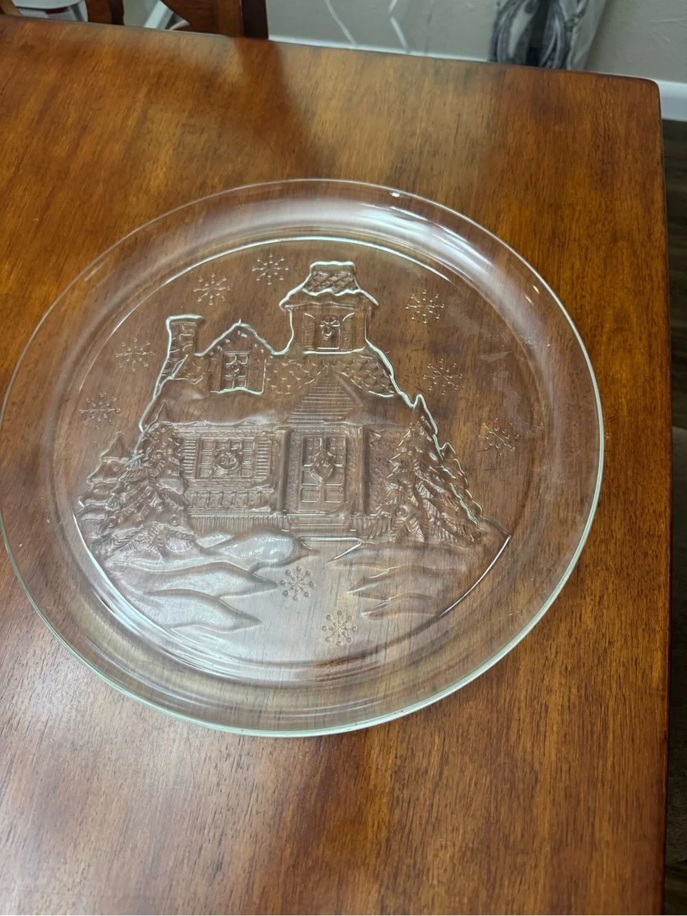 Vintage Arcoroc Clear Glass Holiday Plate with Embossed Cottage